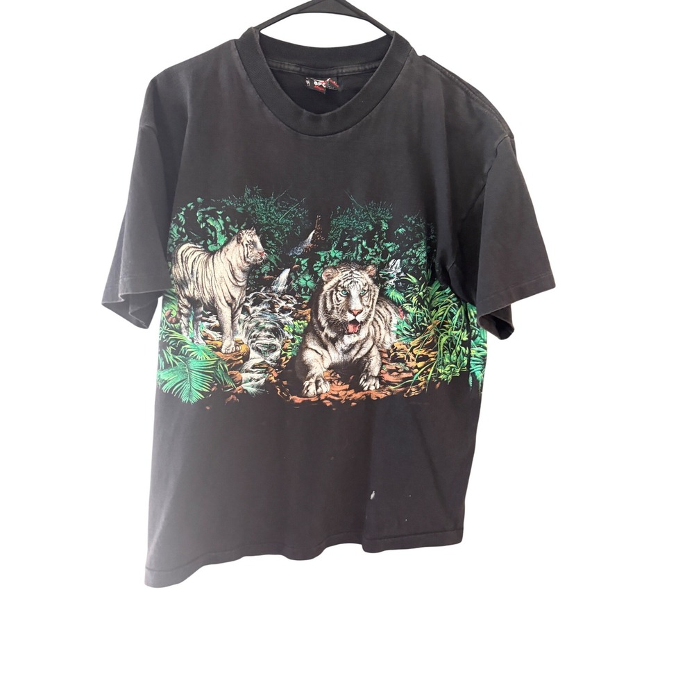 Vintage Signal Sport‎ White Tiger Graphic T-Shirt Mens L Black 90s Single Stitch
